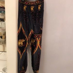 Boho Elephant pants Black with gold elephants , red accents